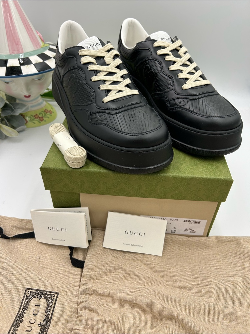 Men's Gucci GG embossed black leather sneakers size 10 fits 10.5 US made Italy - Picture 3 of 15